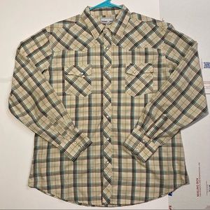 VTG Wrangler Wrancher Pearl Snap Shirt Sz L Plaid Western Beige Turquoise Cowboy